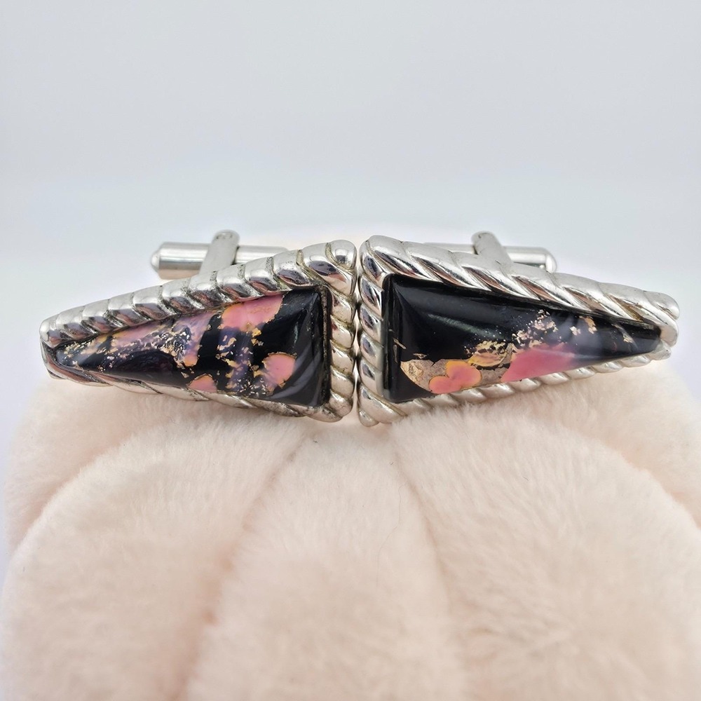 Vintage 1950's SPEIDEL Cufflinks Modernist Black Pink Gold Cabochon Silver Plate